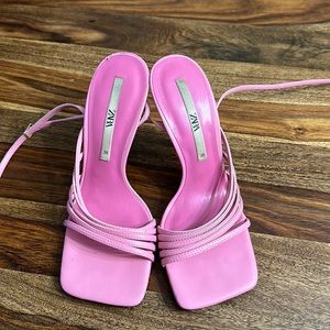 Zara Pink Strappy Lace Up Heels Size 7.5